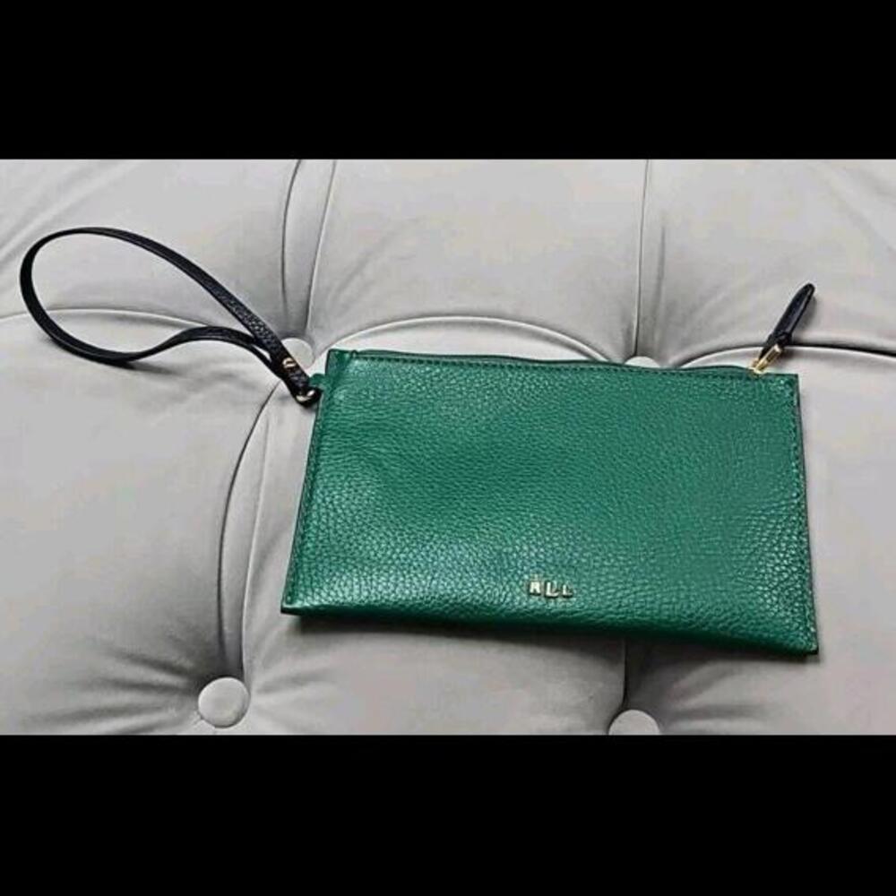 Ralph Lauren RLL Logo Clutch Green Blue Vegan Zip Up Small Purse Gold Hardware